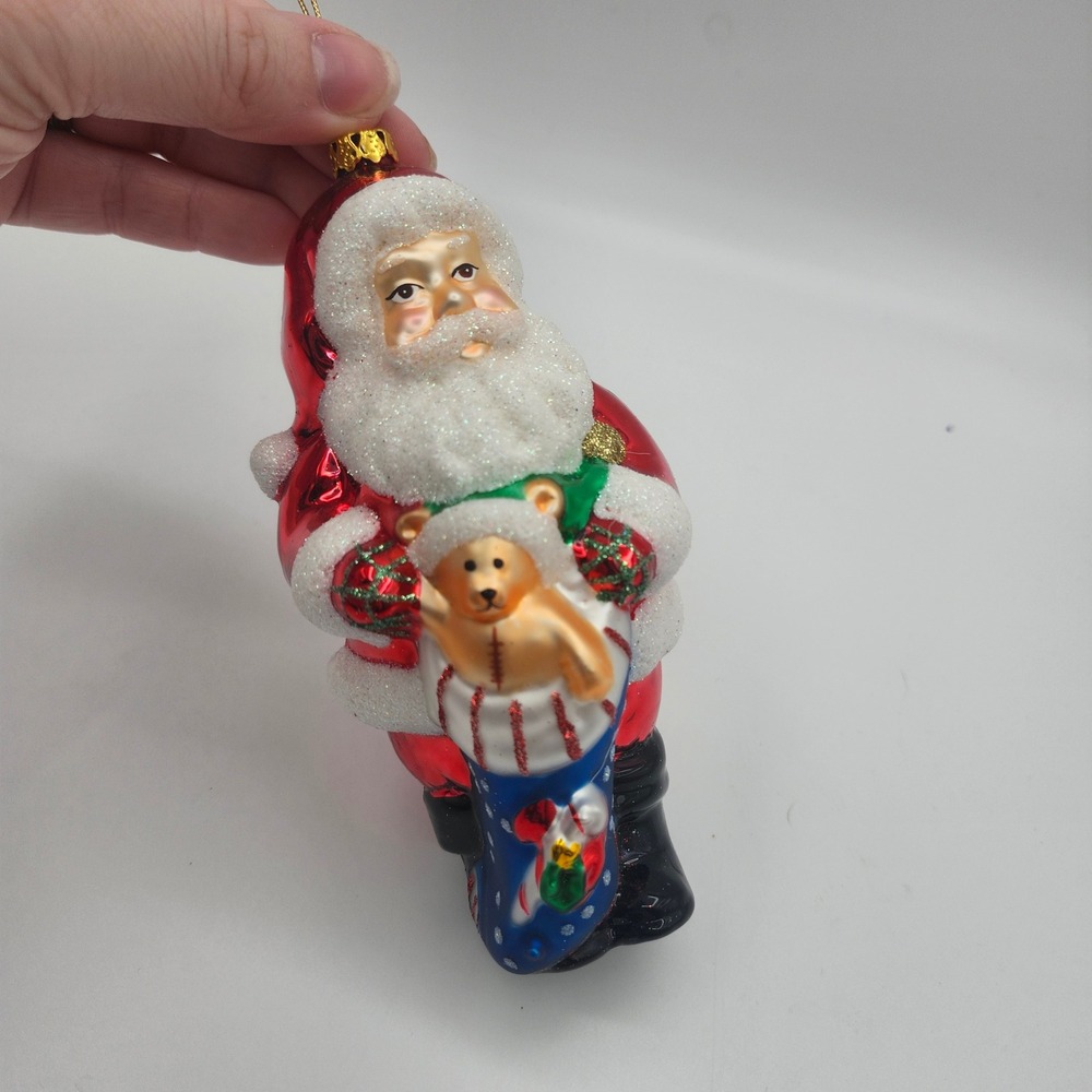 Vintage Style Glass Santa Ornament Teddy Bear Christmas‎ Stocking Glitter